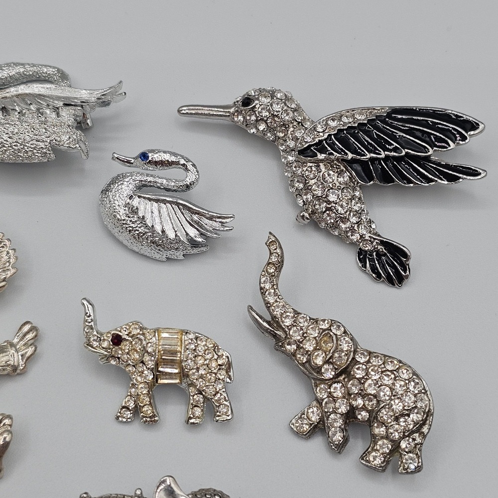Vtg Lot Silver Tone Black Rhinestone Animal Brooch Figural Elephants Birds Koala - Picture 8 of 16